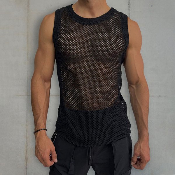 Solid Color Round Neck Sleeveless Hollow Knitted Vest